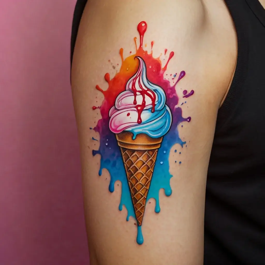 Vivid ice cream cone tattoo with pink, blue, and orange colors and dripping details on the arm.