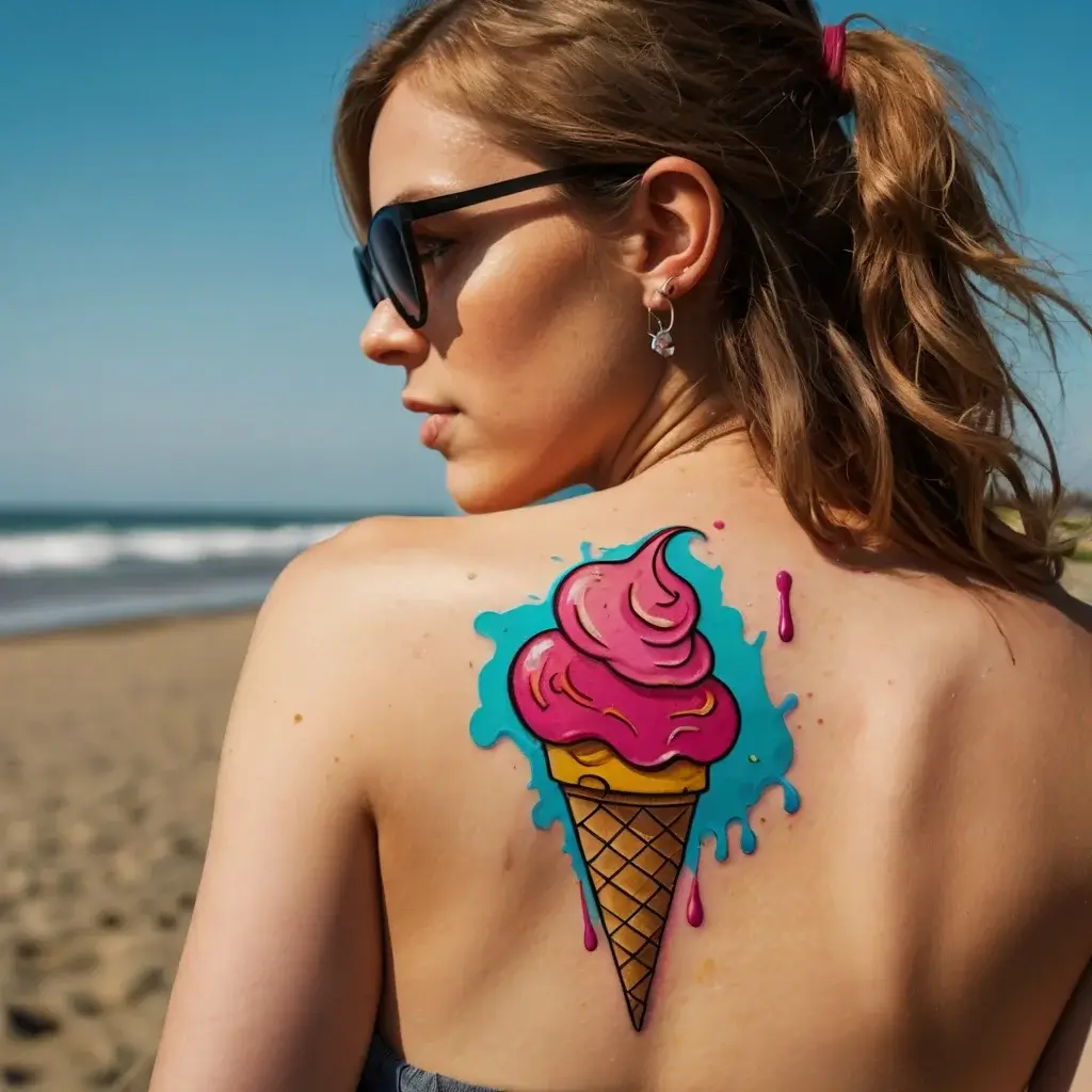 Colorful tattoo of a pink ice cream cone with melting drips, set against a bold blue background splash on the back.