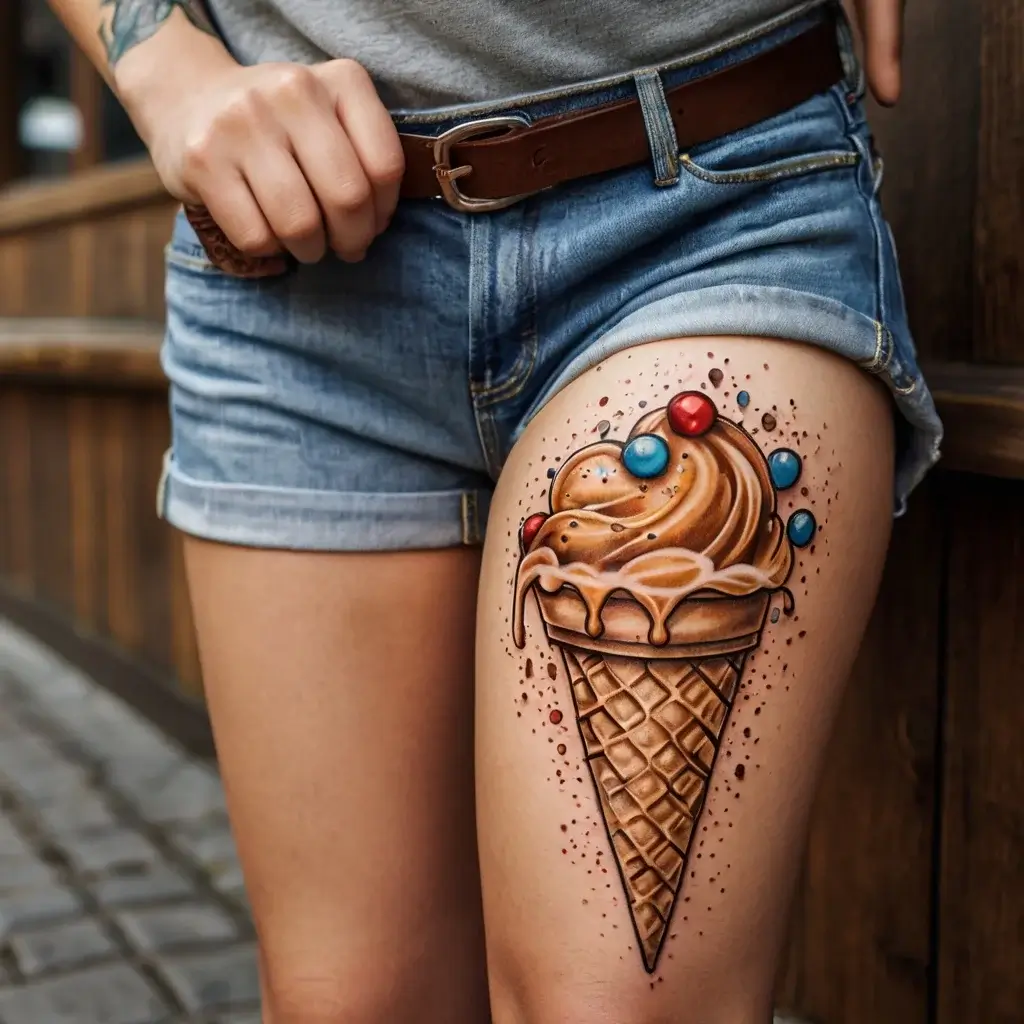 Tattoo of a realistic ice cream cone with swirls and colorful sprinkles on a thigh, featuring bold shading and dot work.