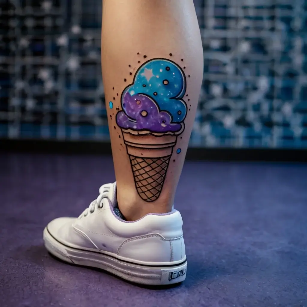 Colorful ice cream cone tattoo with cosmic-themed scoops, featuring stars and sprinkles on the calf.