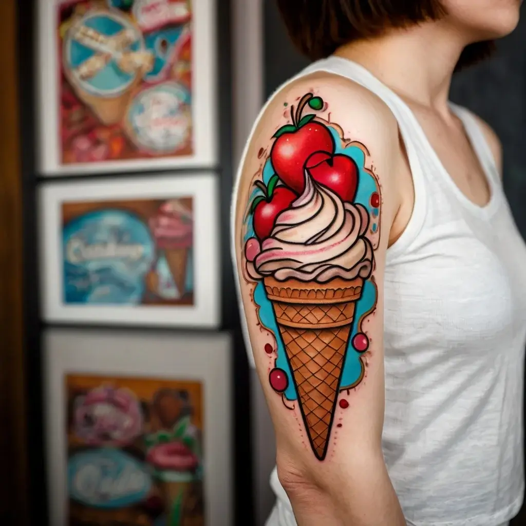 Tattoo of a vibrant ice cream cone topped with cherries, in bold colors and outlined with black on an upper arm.