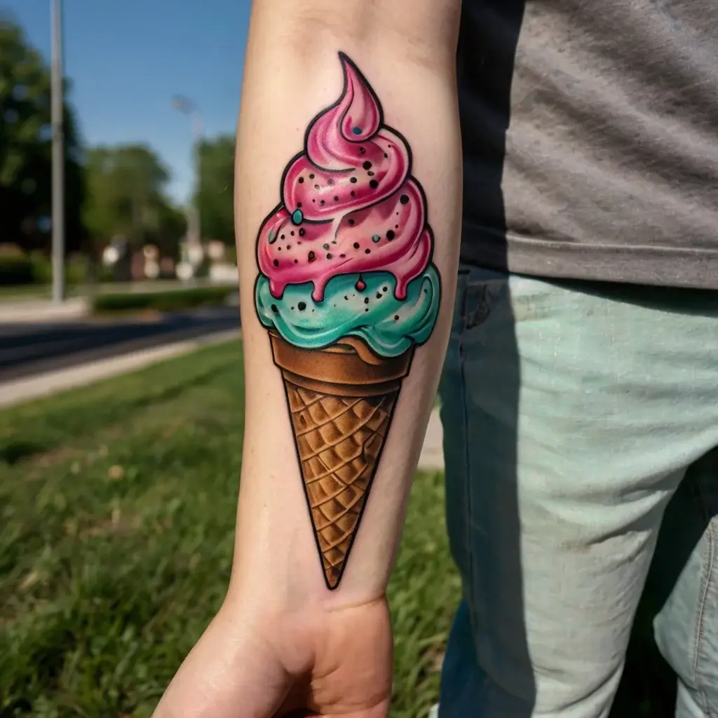 Tattoo of a vibrant ice cream cone with pink and teal swirls, detailed waffle cone, and playful black seeds.