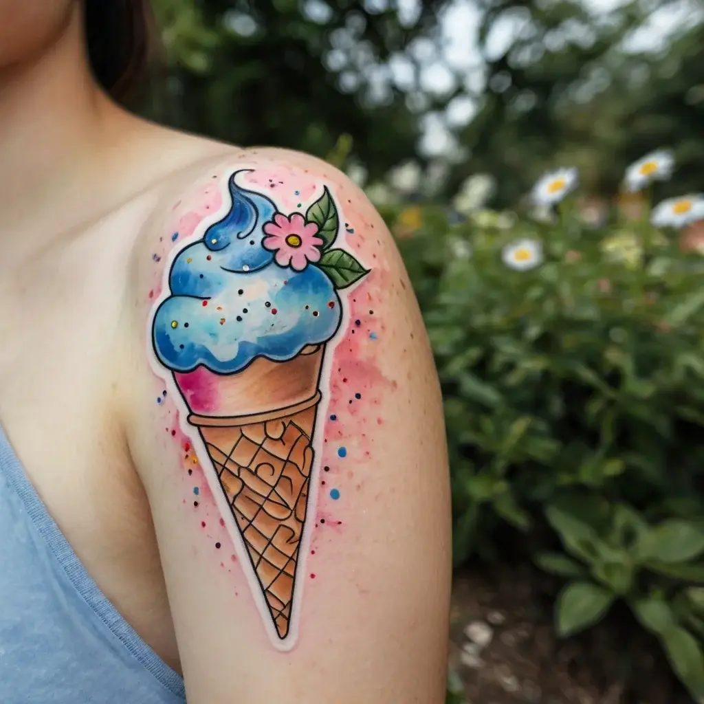 Colorful tattoo of a blue ice cream cone with sprinkles, pink flower, and leaves on the arm, set against a soft background.