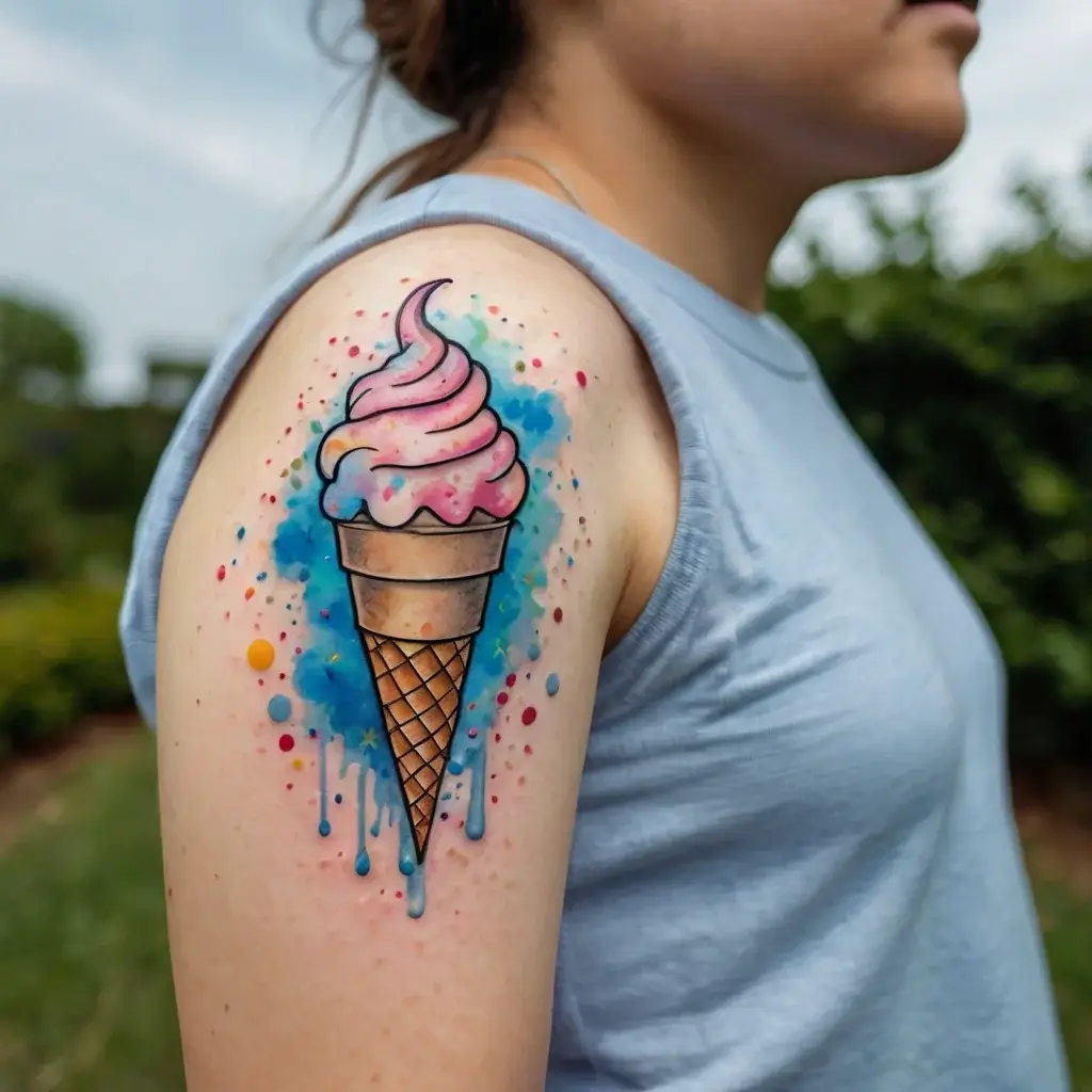 Colorful watercolor tattoo of a pink ice cream cone on the arm, with splashes of blue, orange, and red accents.