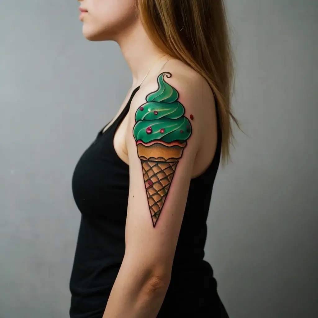 Colorful tattoo of a green ice cream cone with red dots, spiraled top, and textured waffle cone on the upper arm.