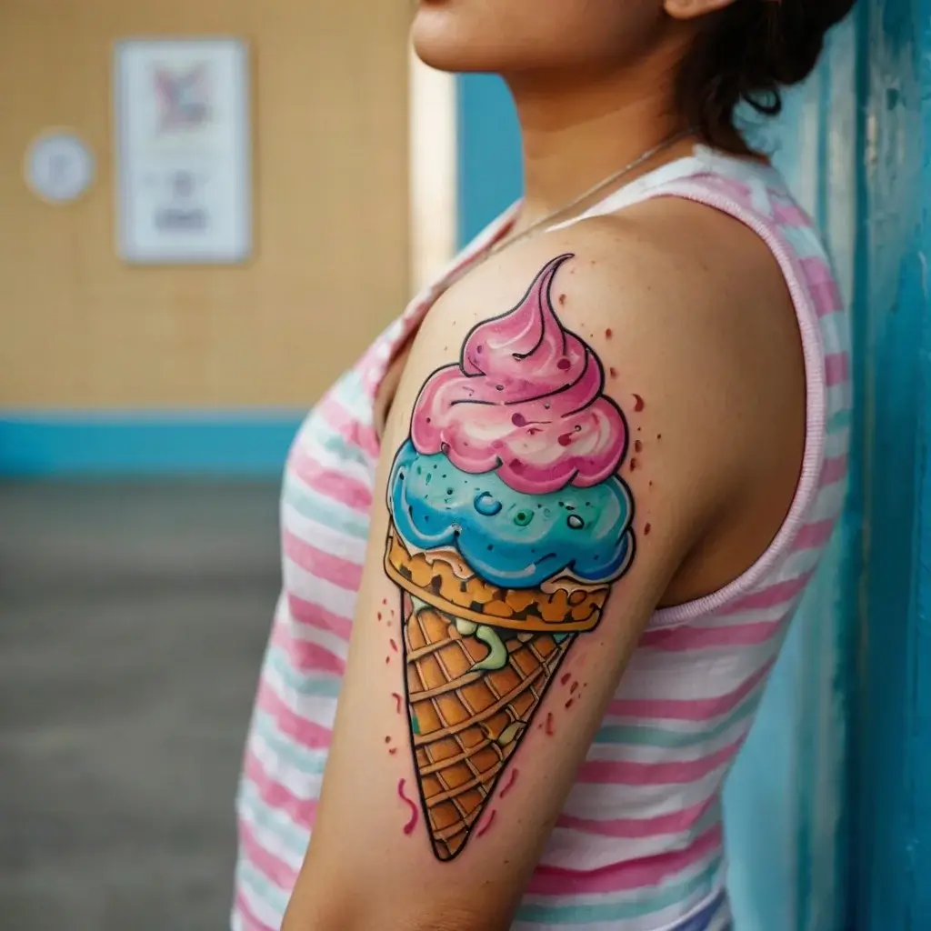 Colorful ice cream cone tattoo with pink and blue scoops, vibrant sprinkles, on shoulder. Bold lines and playful design.