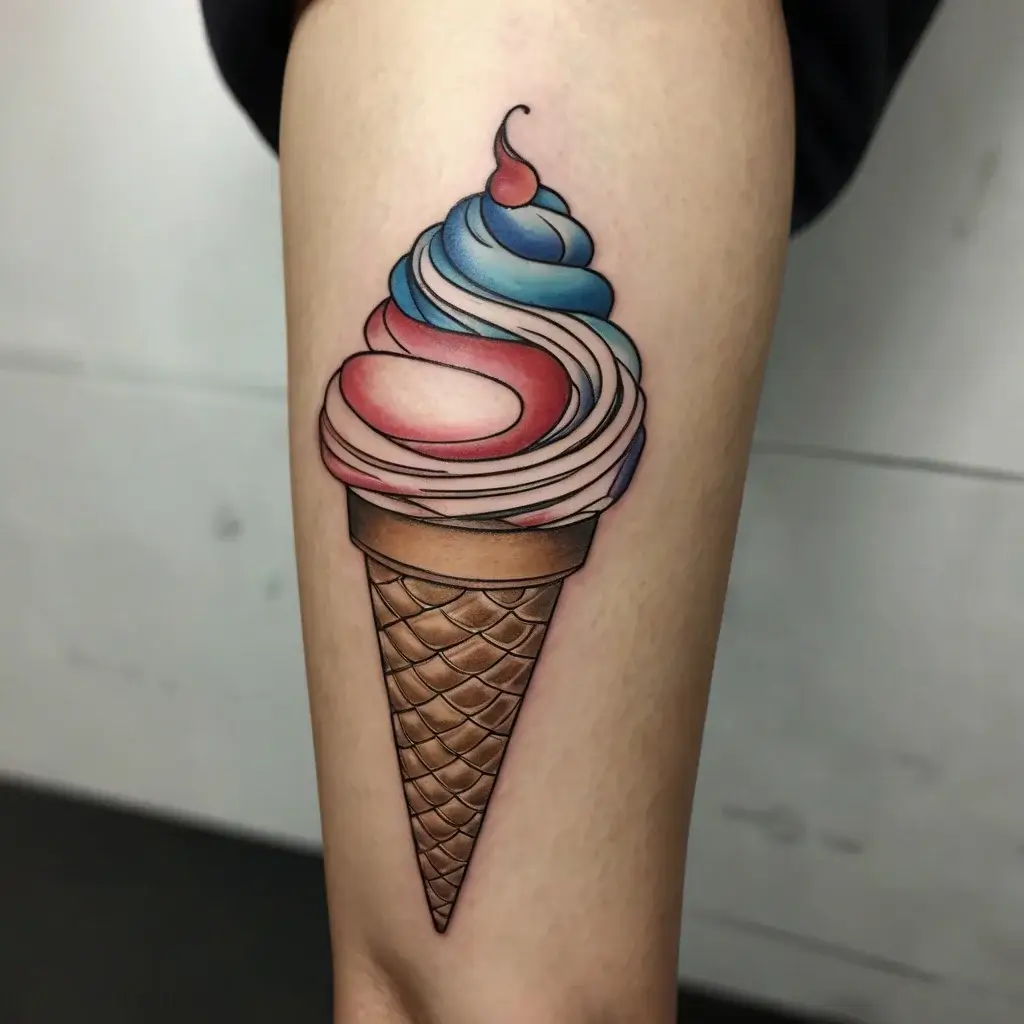 Tattoo of a soft-serve ice cream cone with red, white, and blue swirls and a brown waffle cone, blending realistic and cartoon styles.