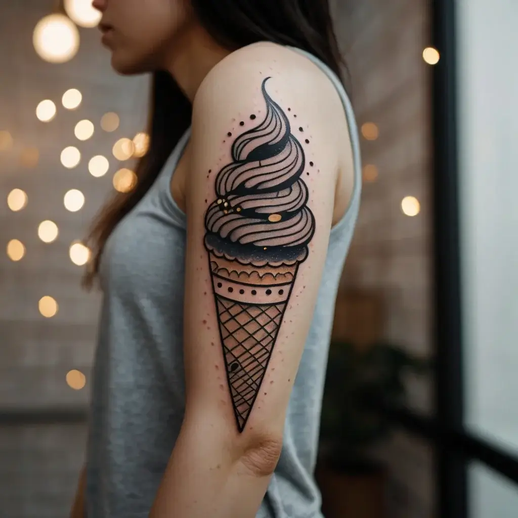 Tattoo of a swirled ice cream cone on an arm, with bold black lines and dotted accents for texture and detail.