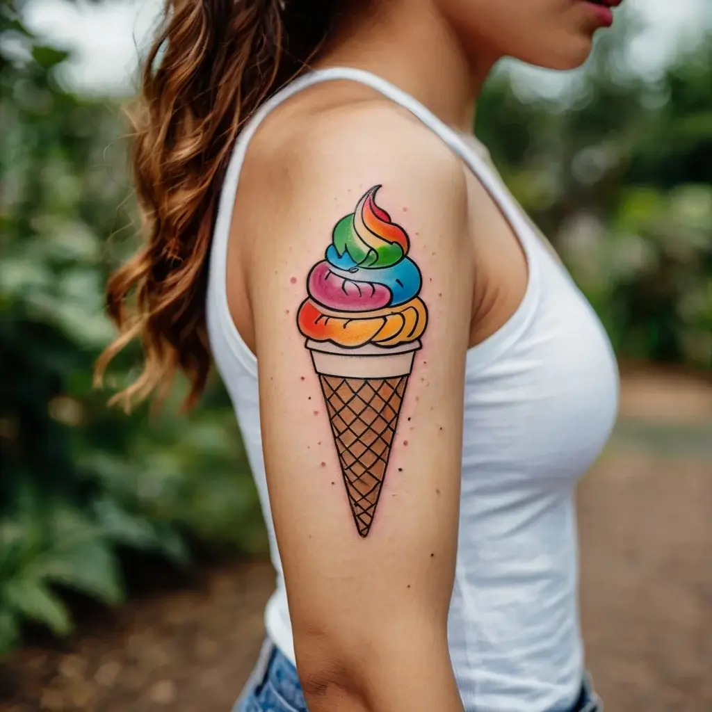 Colorful ice cream cone tattoo with rainbow swirls and a waffle cone on upper arm, blending whimsy and boldness.