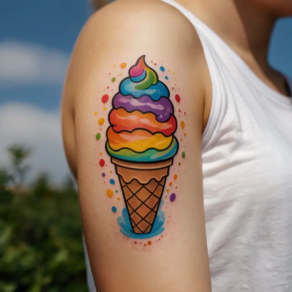 Tattoo of a colorful rainbow ice cream cone with bright sprinkles on a person's arm, showcasing vibrant colors and playful design.