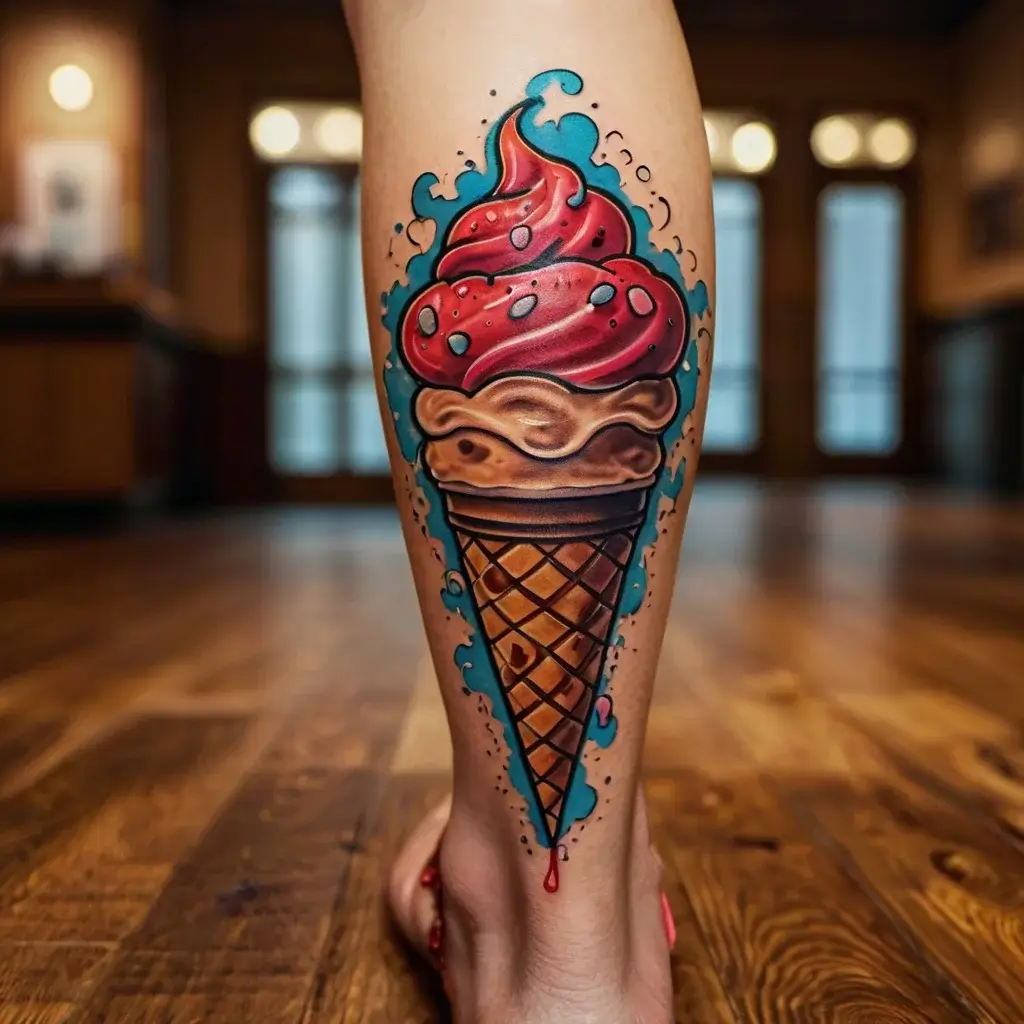 Tattoo of a vibrant ice cream cone with swirled pink scoop, blue splashes, and a crisp waffle cone on a person's leg.