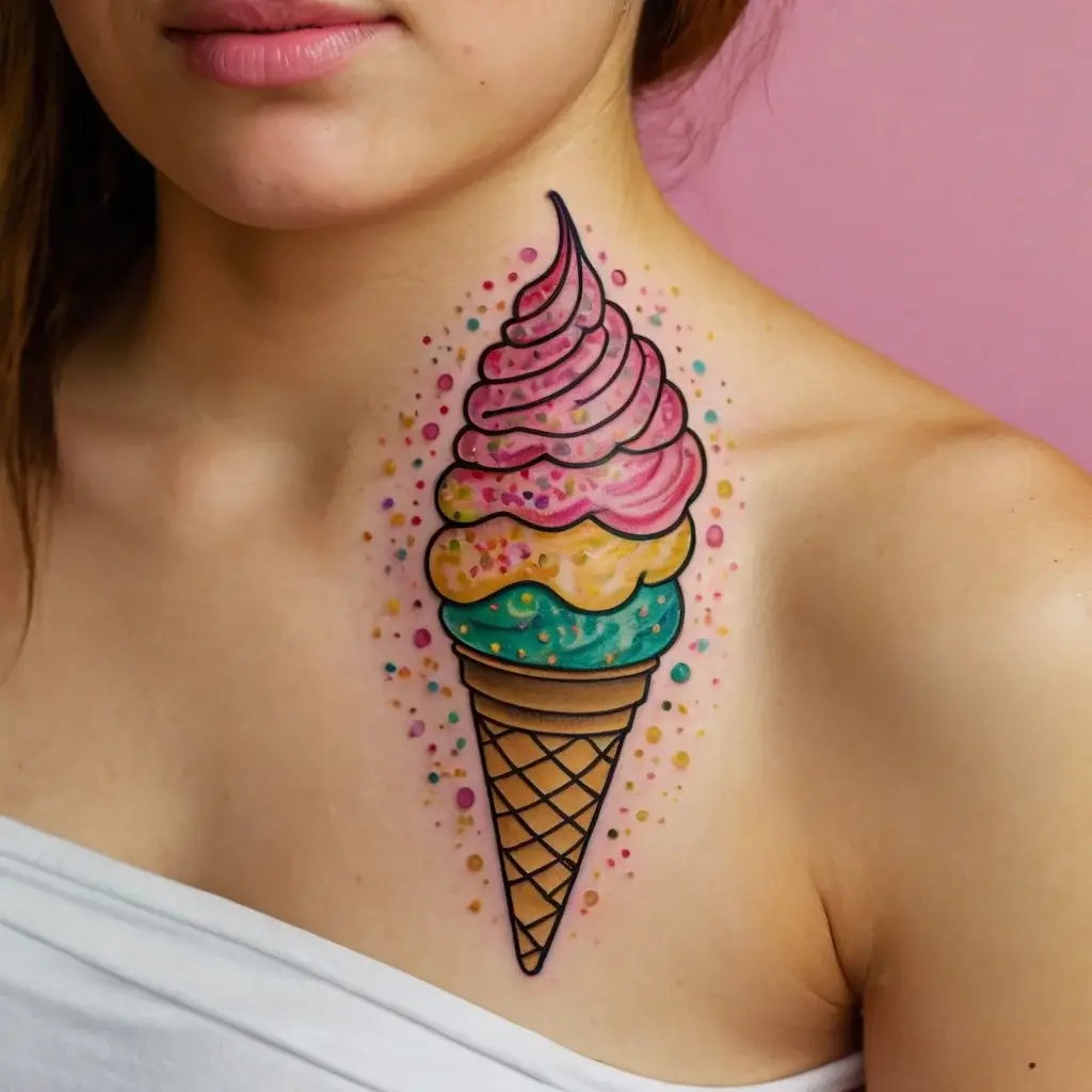 Colorful ice cream cone tattoo on shoulder, featuring pink, yellow, and teal swirls with sprinkles, and dotted accents.