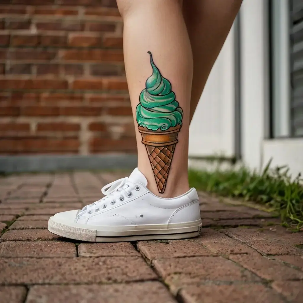 Stylized ice cream cone tattoo with mint green swirl on calf, featuring bold outlines and realistic shading for depth.