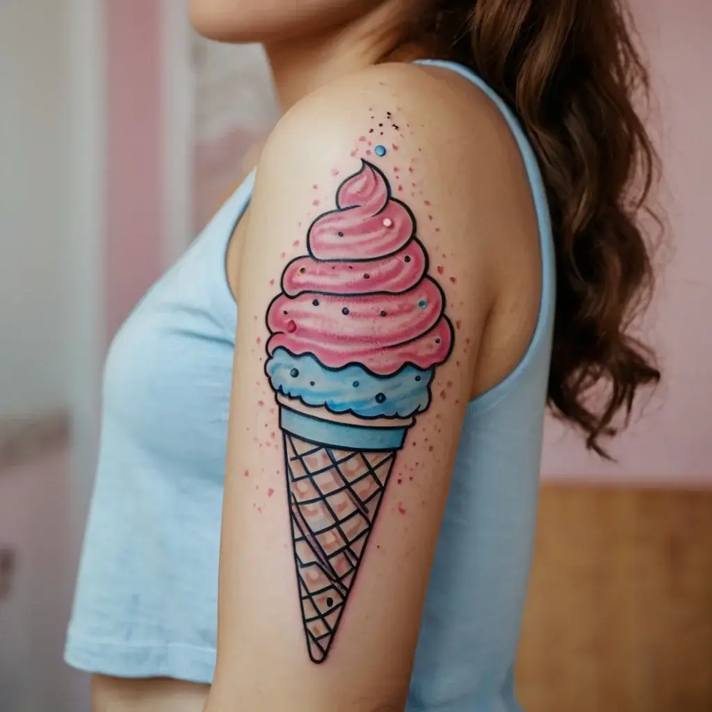 Colorful ice cream cone tattoo with pink and blue swirls, dotted accents, and bold outlines on upper arm.