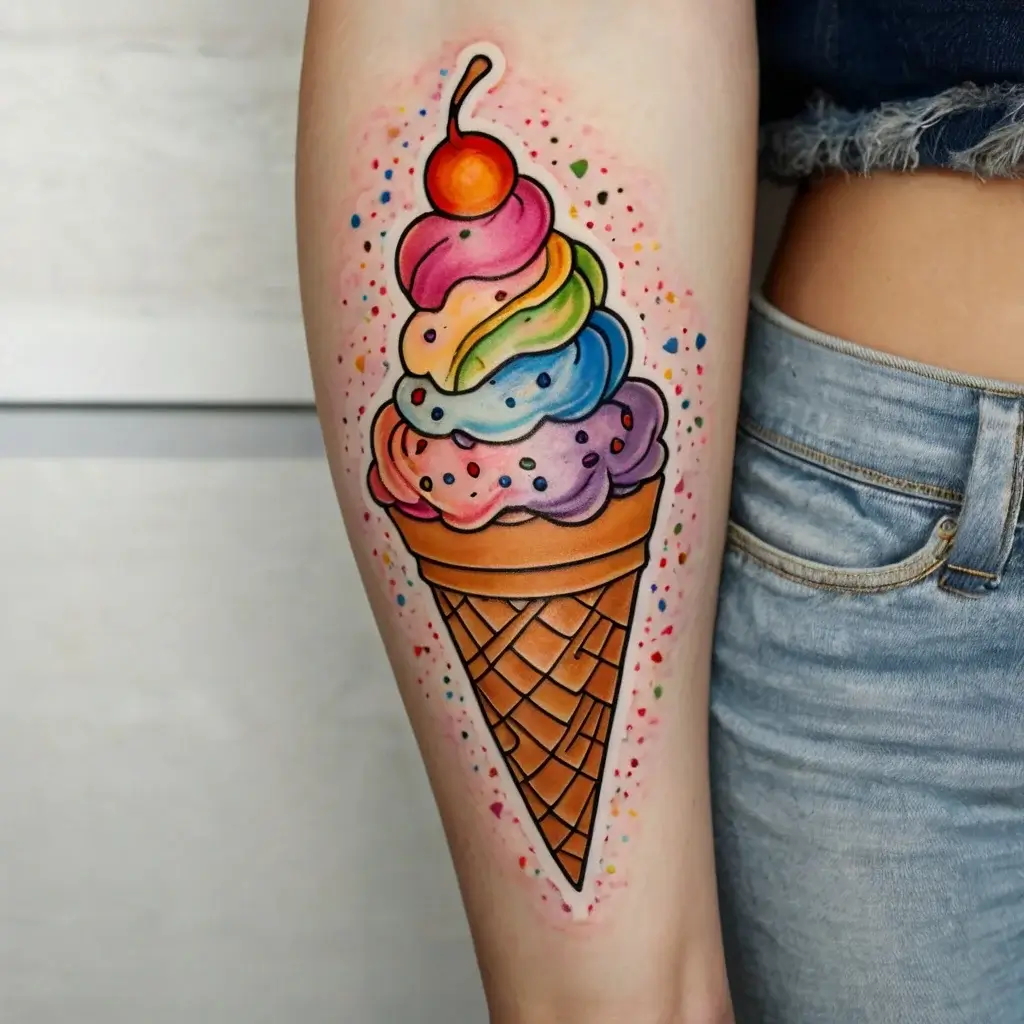 Colorful ice cream cone tattoo with rainbow swirls, cherry on top, and sprinkled confetti, on the inner forearm.