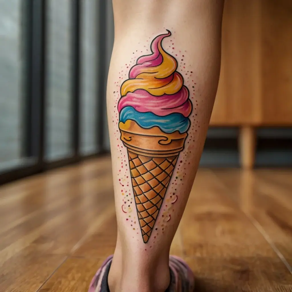 Whimsical ice cream tattoo with colorful swirls atop a cone, surrounded by playful dots on the leg.