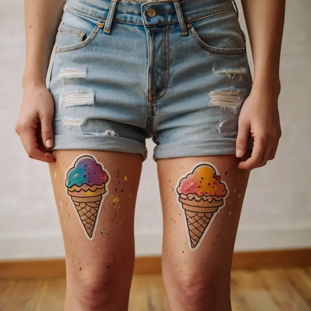 Two vibrant ice cream cone tattoos on thighs; left in rainbow tones, right in pink and orange, with colorful splashes.