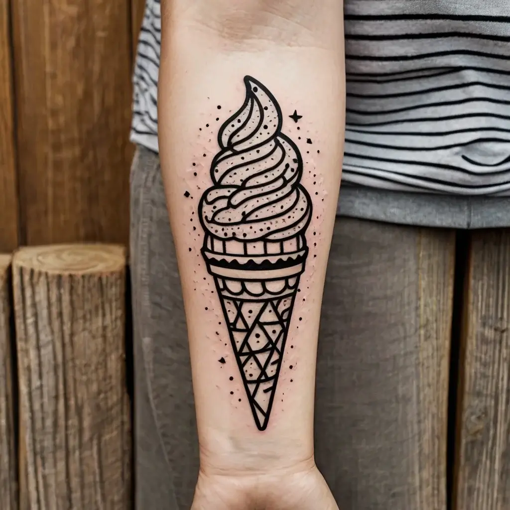 Minimalist ice cream cone tattoo with bold black lines, dot shading, and geometric patterns on the cone.