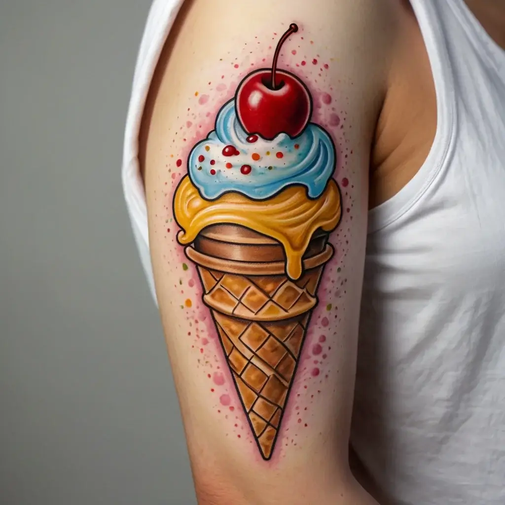 Tattoo of an ice cream cone with vibrant scoops, topped with a cherry, and colorful dots around it on the upper arm.