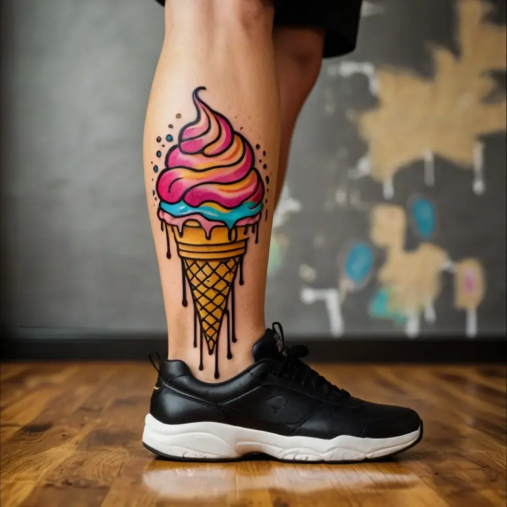 Colorful tattoo of a melting ice cream cone with vibrant swirls on calf. Bold outlines and droplet details enhance depth.