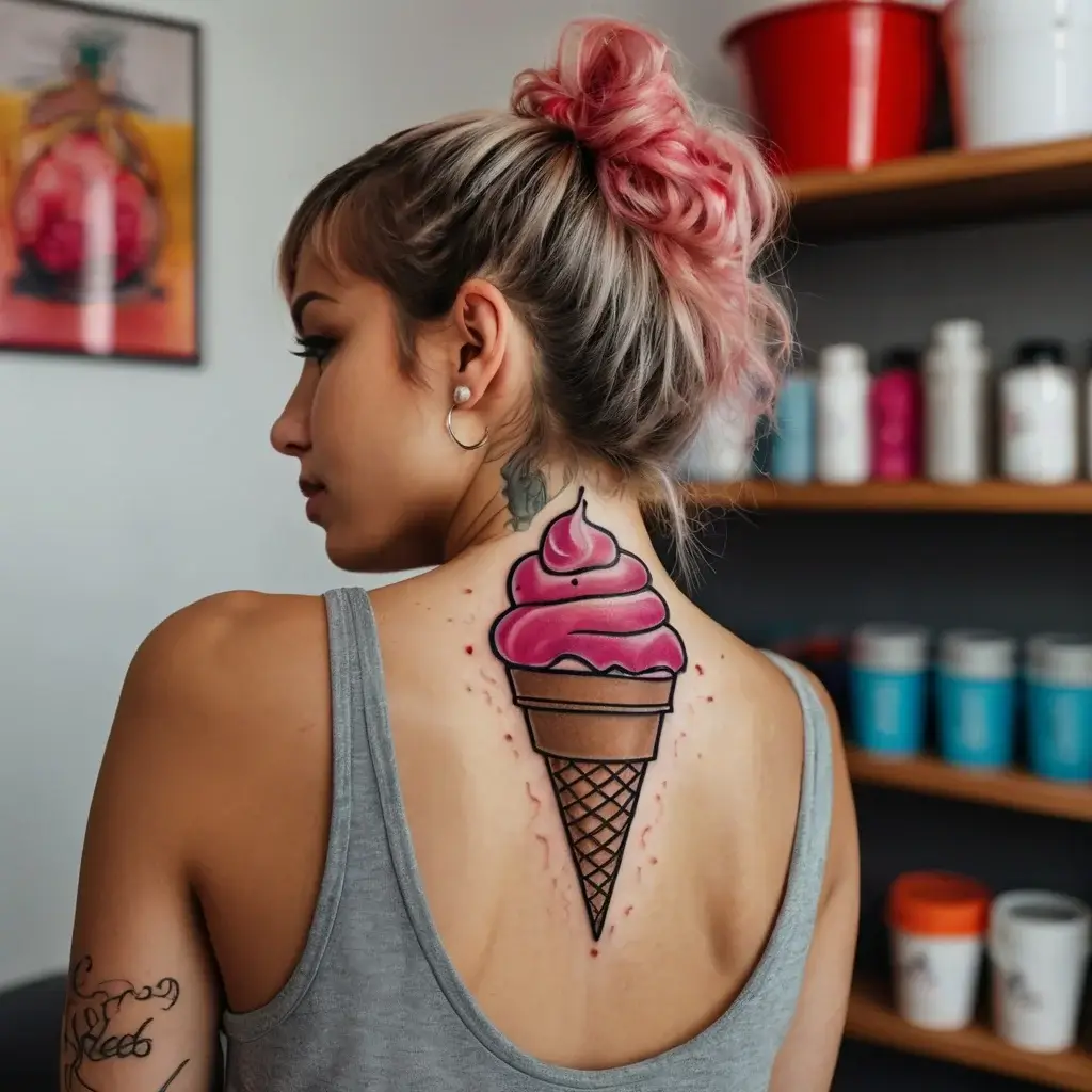 Tattoo of a vibrant pink ice cream cone on the upper back, with bold outlines and subtle shading for dimension.