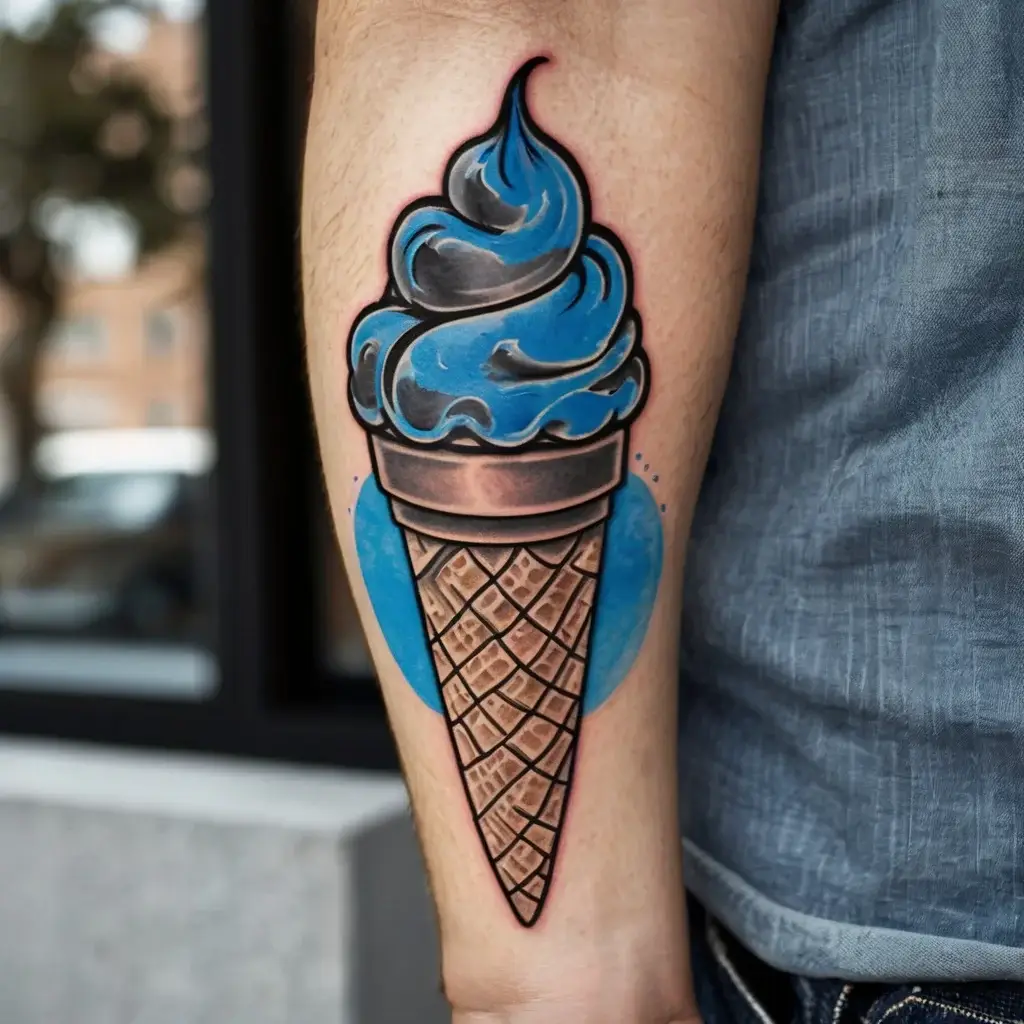 Tattoo of a blue and black swirl ice cream cone, with a textured waffle cone over a blue circular background.