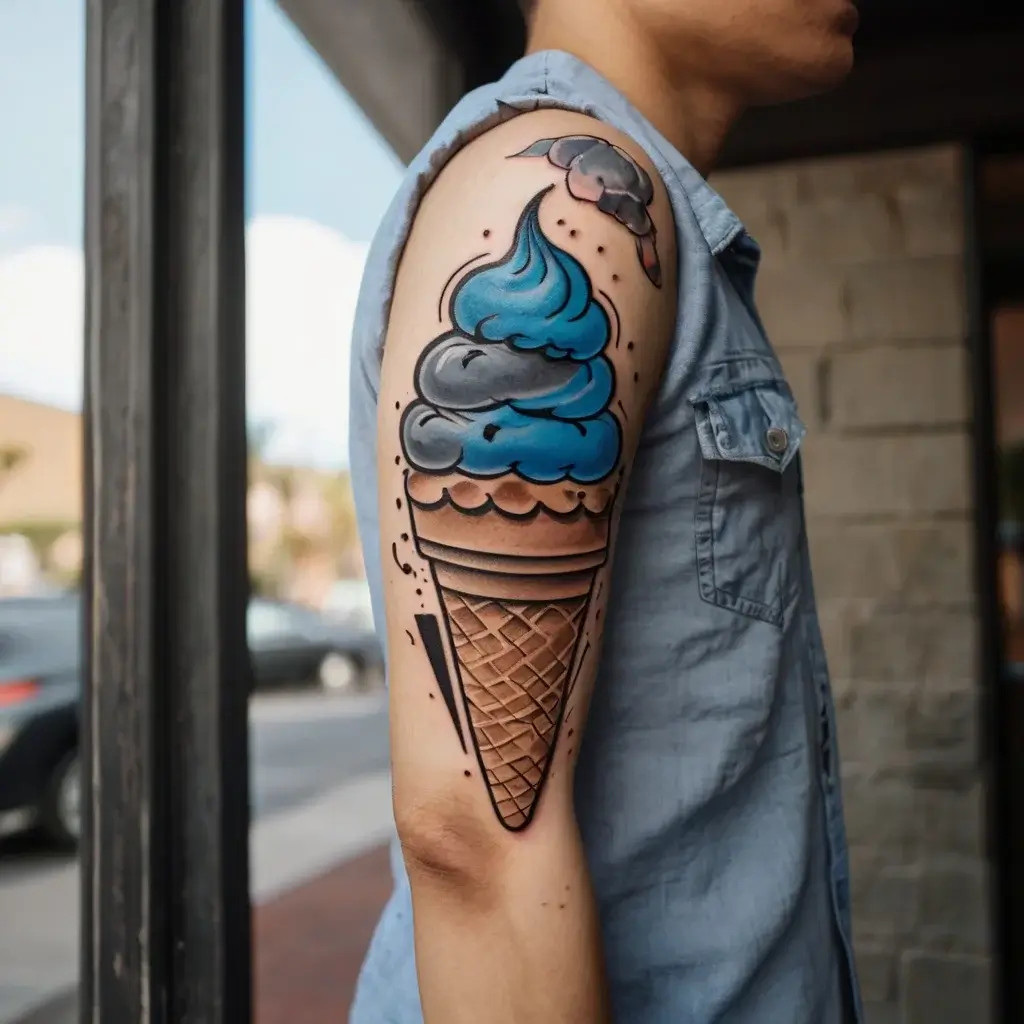 Tattoo of a blue and black ice cream cone with a waffle pattern on upper arm, accented by artistic black splatters.