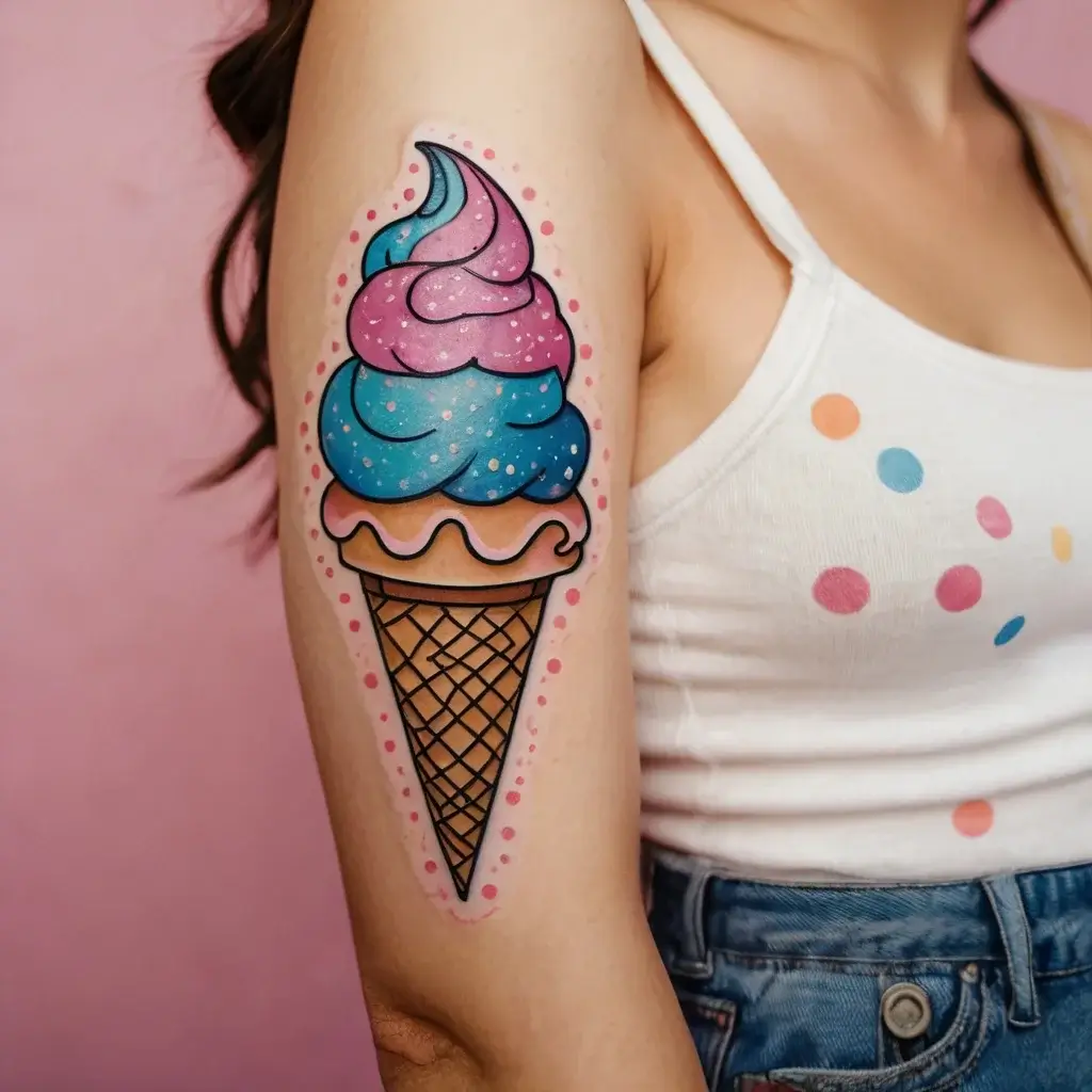 Colorful ice cream cone tattoo with pink and blue swirls, outlined in dots, on arm. Whimsical and playful design.