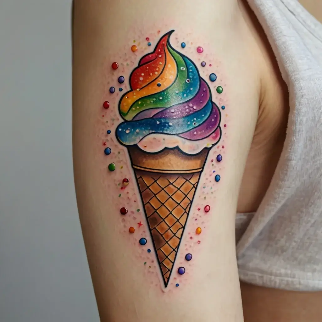 Tattoo of a rainbow swirl ice cream cone with colorful sprinkles on the skin, using vibrant colors and a realistic style.