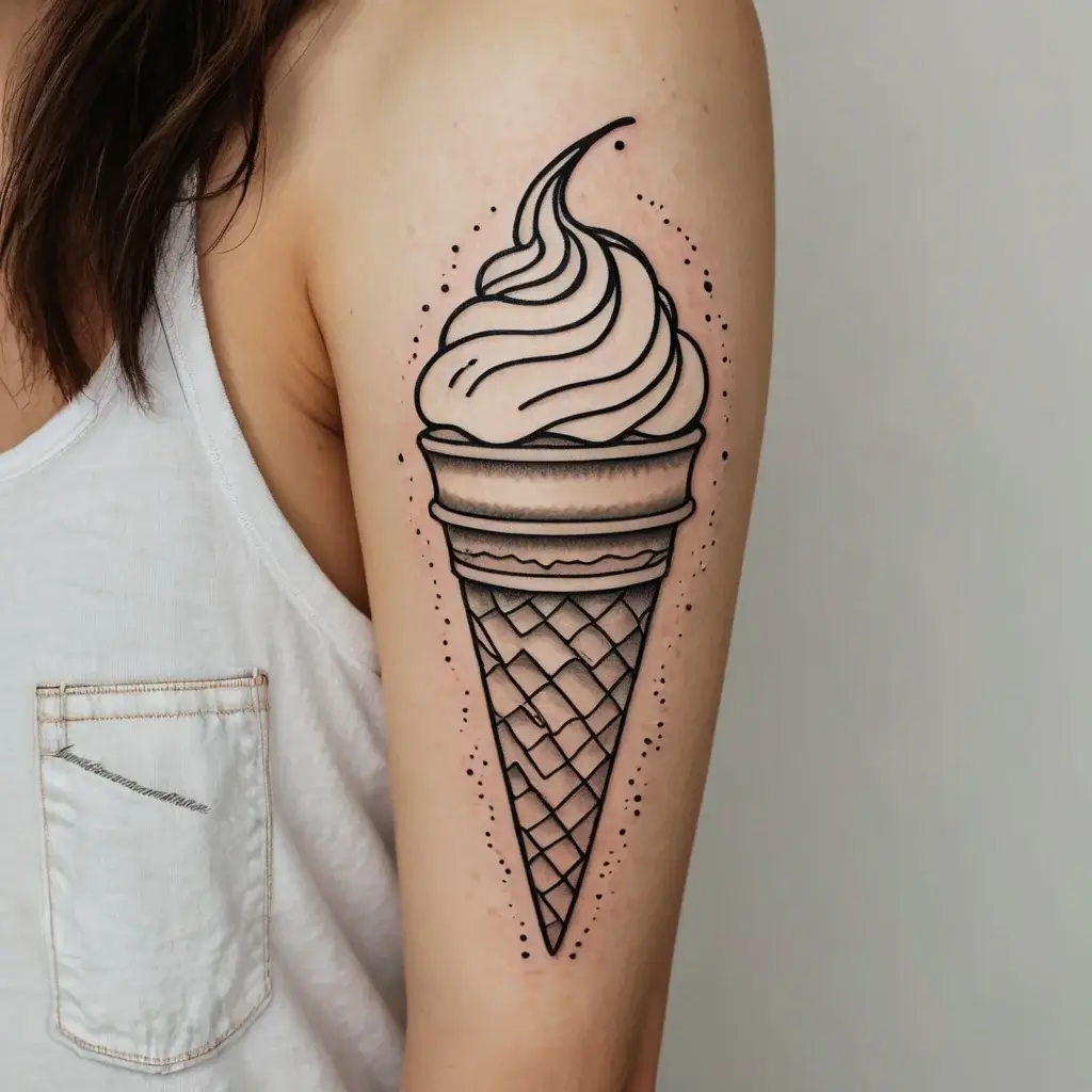 Tattoo of a detailed ice cream cone with a swirled top, outlined in bold black ink with dot shading on the arm.