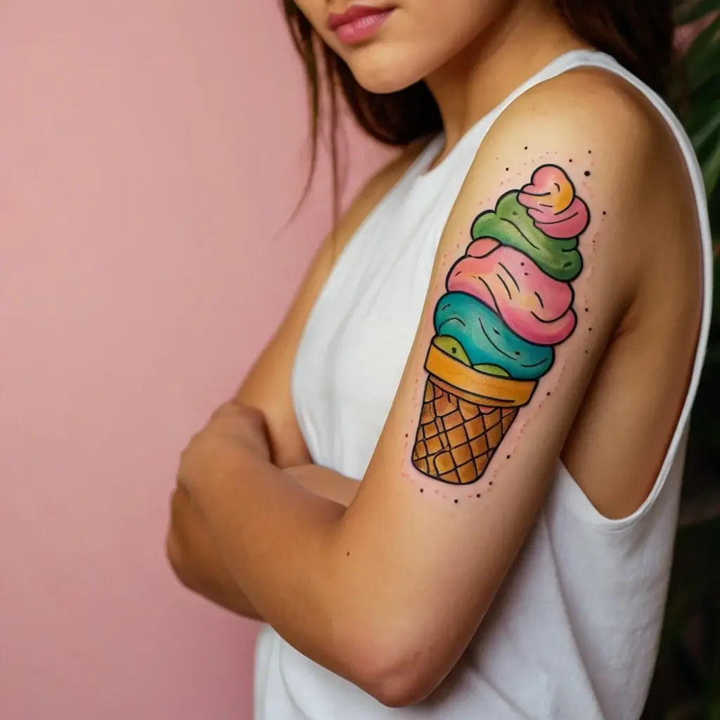 Colorful ice cream cone tattoo with pink, green, and blue scoops on an arm. Dot shading adds depth and vibrancy.