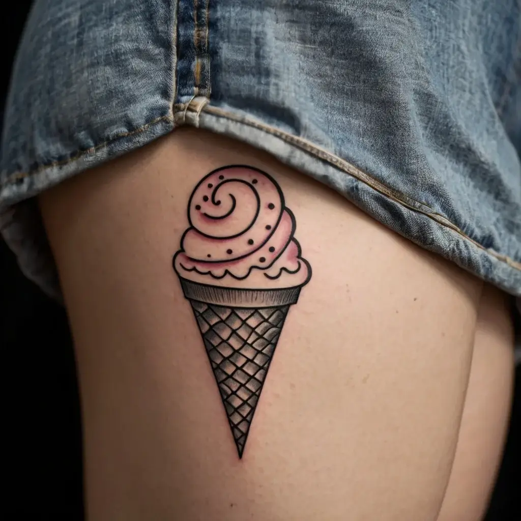 Ice cream cone tattoo on thigh, featuring a spiral pink scoop with dots and a detailed black crosshatched cone.