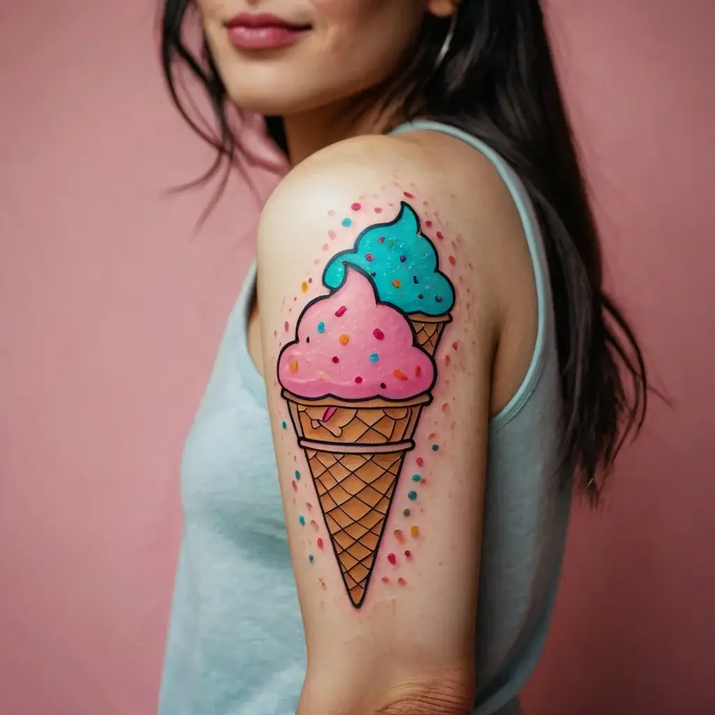 Tattoo of a colorful ice cream cone with blue and pink scoops, adorned with sprinkles on a waffle cone.