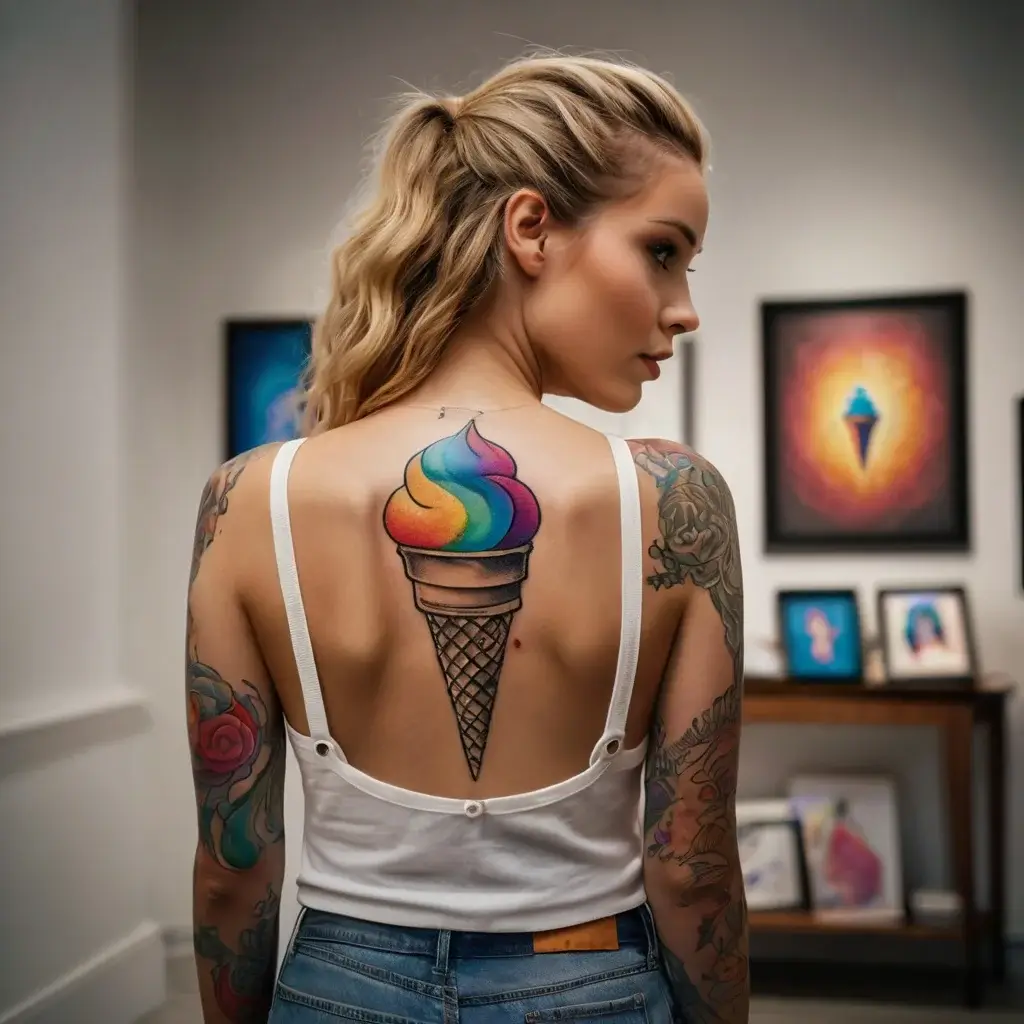 Colorful ice cream tattoo on upper back, swirled rainbow scoop atop a cone, showcasing vibrant contrast against pale skin.