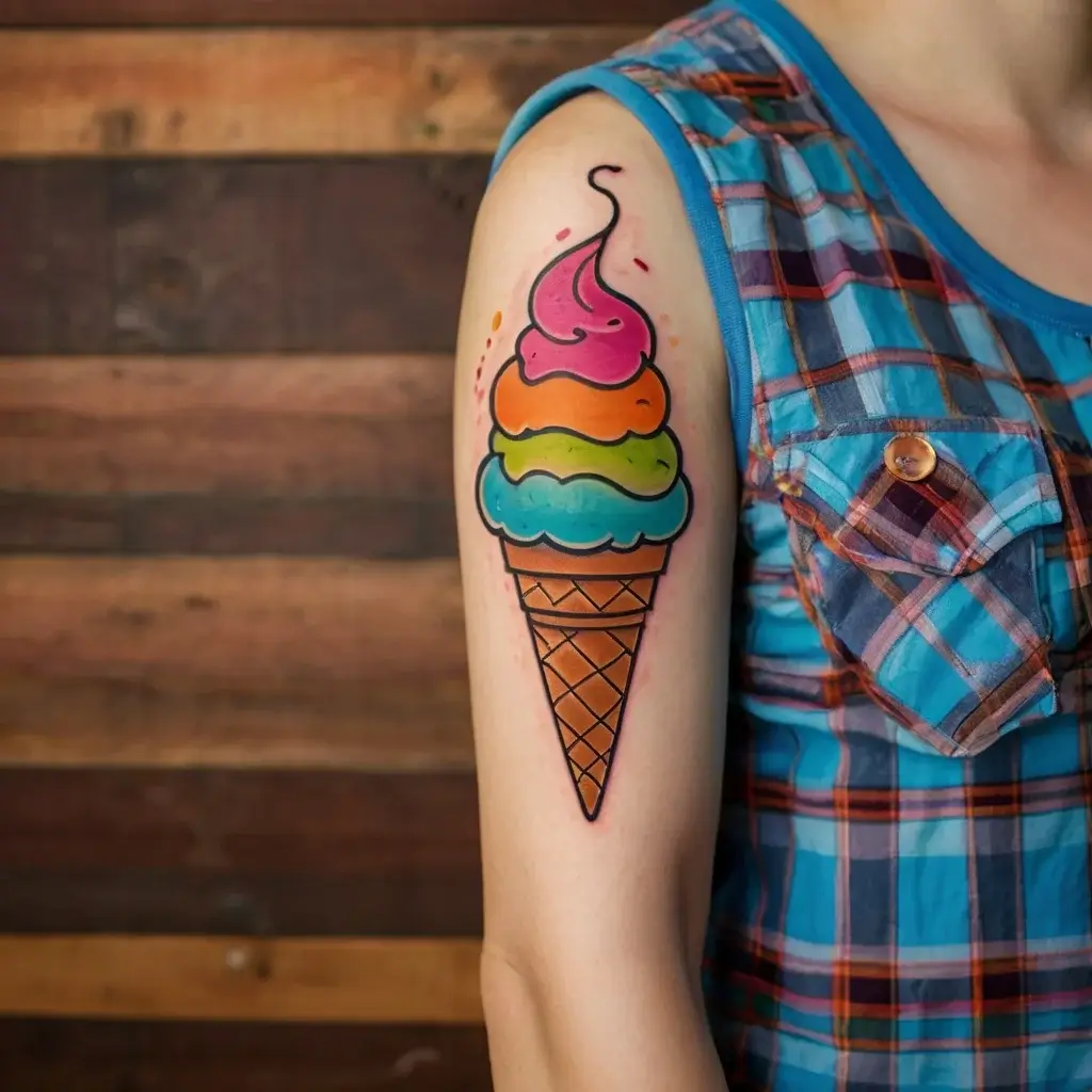 Tattoo of a colorful ice cream cone with pink, orange, yellow, and blue scoops on the upper arm.