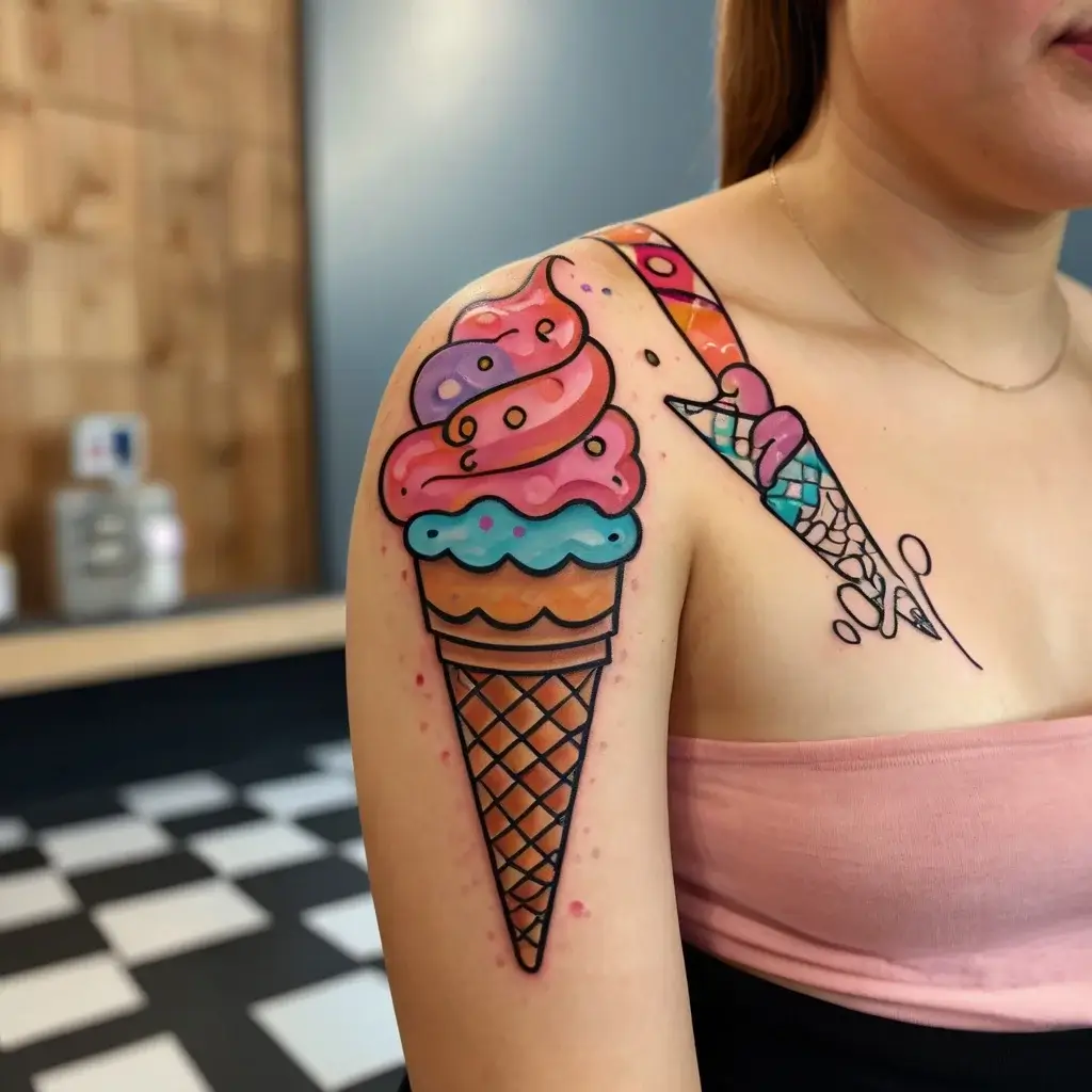 Colorful ice cream cone tattoo, with vibrant pink and blue swirls and sprinkles, extends playfully from shoulder to arm.