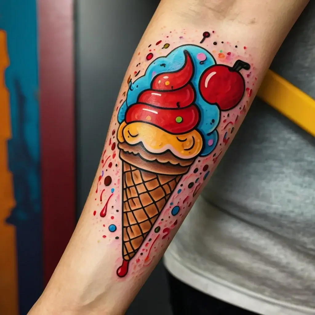 Colorful ice cream cone tattoo with red, blue, and yellow scoops, topped with a cherry, and splattered paint effect.