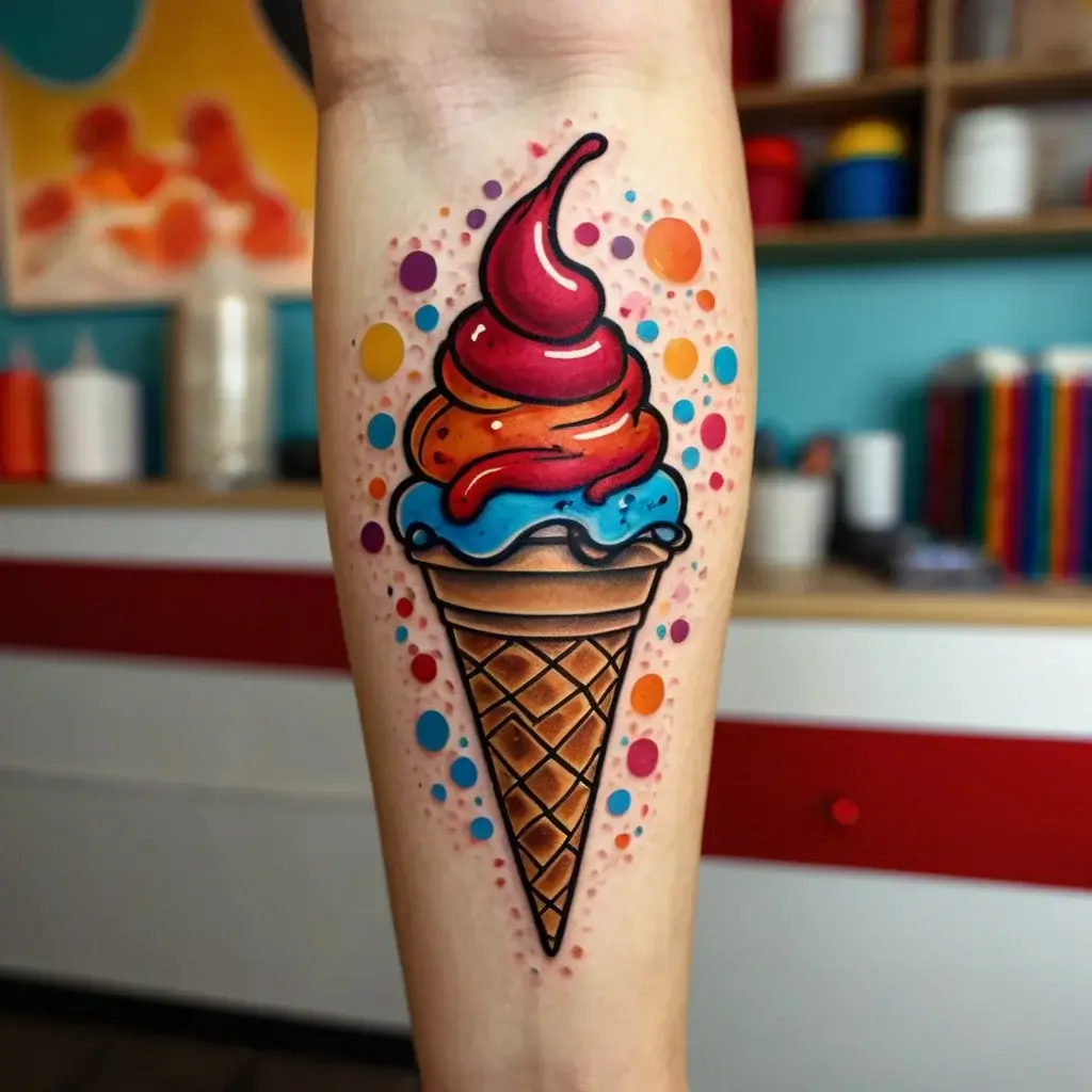 Colorful ice cream cone tattoo with a whimsical style, featuring vibrant swirls and dots creating a playful vibe.