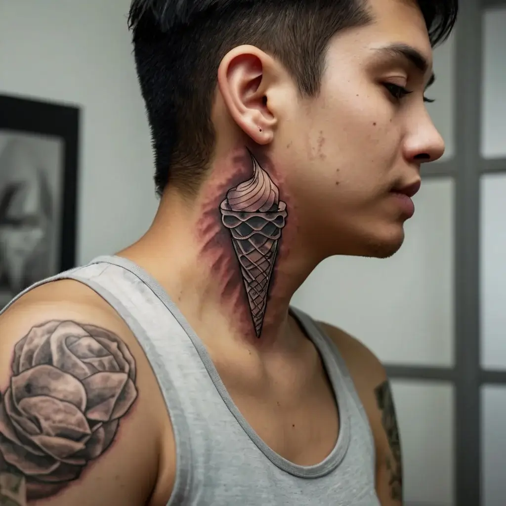 Tattoo features an ice cream cone on the neck, designed with realistic shading, and a rose on the shoulder in grayscale.