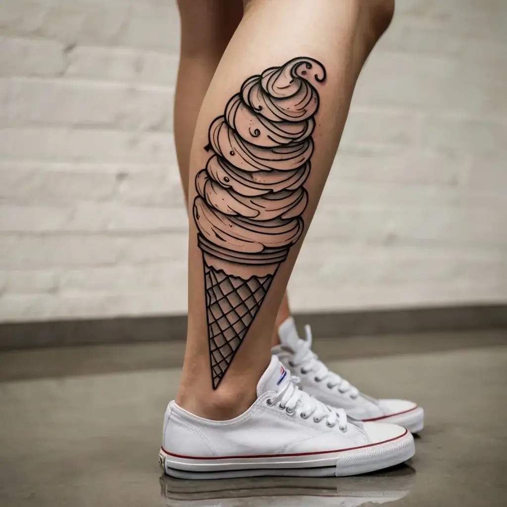 Tattoo of a detailed soft-serve ice cream cone on a leg, featuring bold outlines and intricate swirls of ice cream and cone texture.