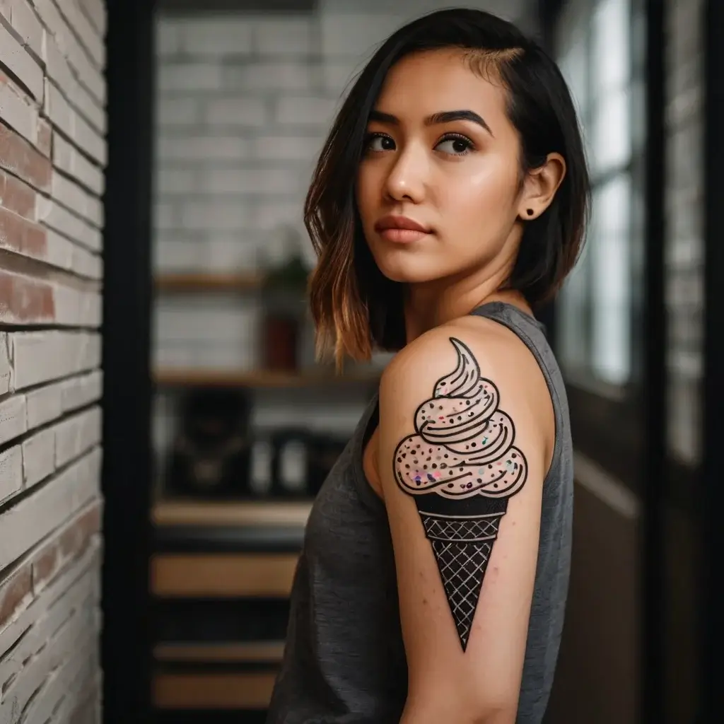 Tattoo of a stylized ice cream cone with sprinkles on the shoulder, featuring bold outlines and colorful dot details.