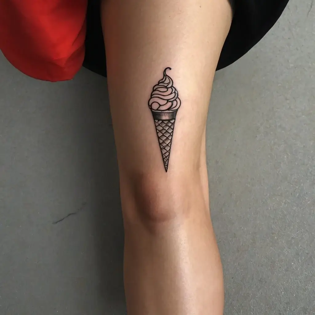 Tattoo of a simple outlined ice cream cone with a swirled top on the leg, symbolizing playfulness and nostalgia.