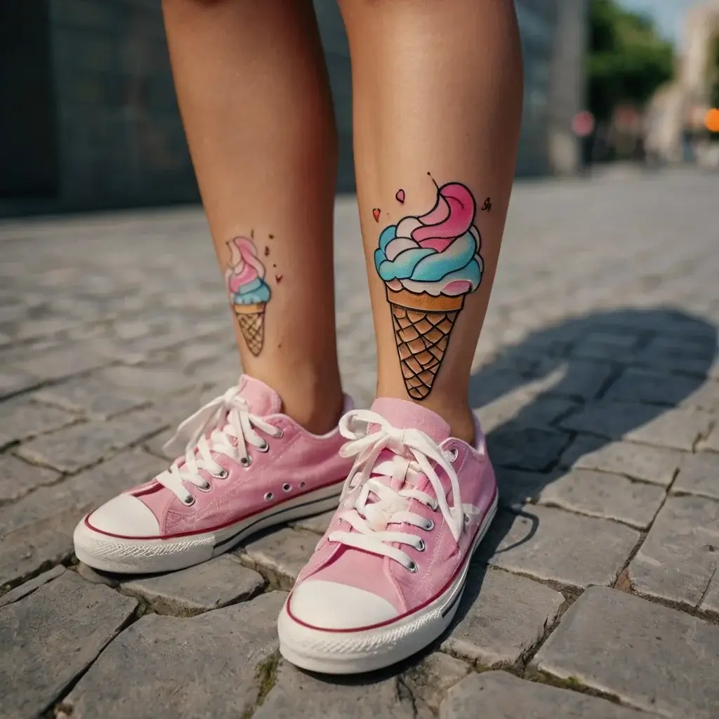 Pair of colorful ice cream cone tattoos on calves, featuring swirled pink and blue scoops with playful details.