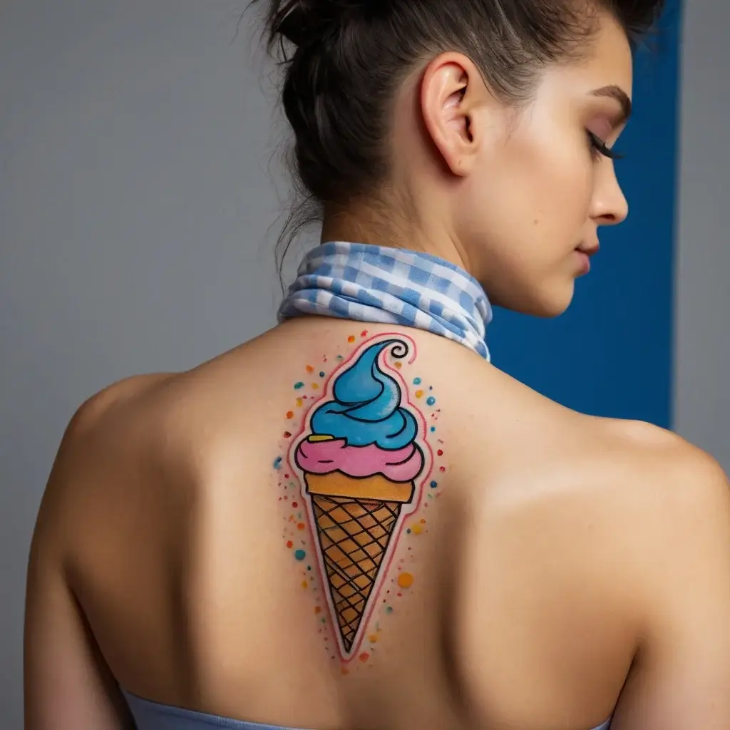 Colorful ice cream cone tattoo on back, featuring blue and pink swirls, framed by vibrant dots for a playful look.