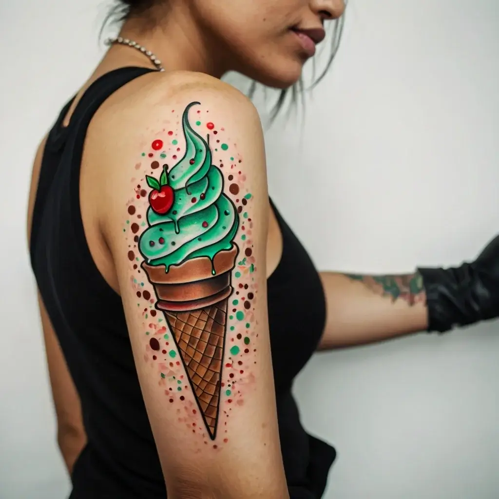 Tattoo of a mint green ice cream cone with a cherry on top, surrounded by colorful dots on the upper arm.