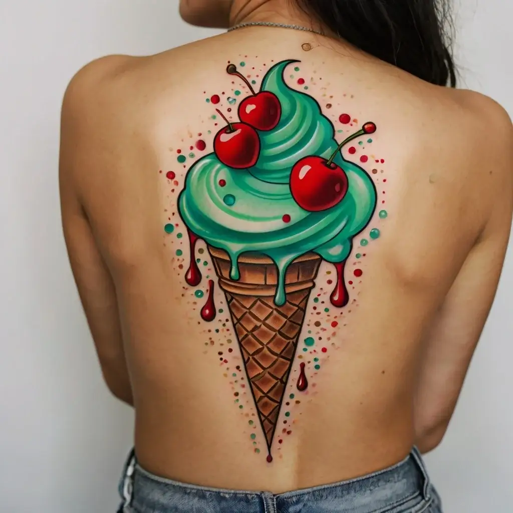 Tattoo of a colorful mint ice cream cone on a back, with vibrant red cherries and splatters, featuring drip effects.