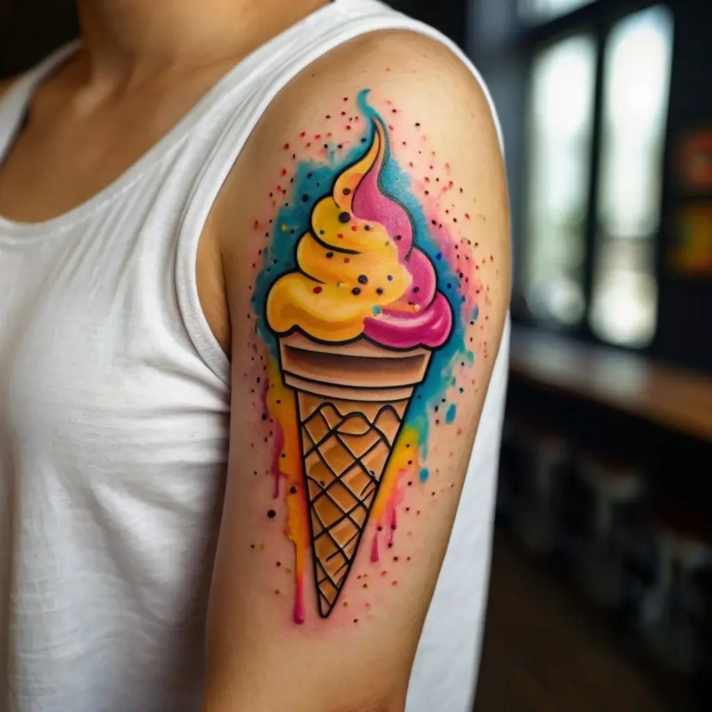 Colorful ice cream cone tattoo in watercolor style on upper arm, featuring blue, pink, and yellow swirls with vibrant splashes.