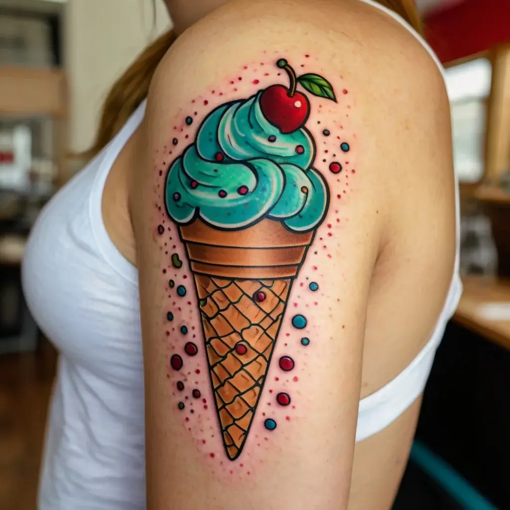 Colorful ice cream cone tattoo with teal swirls, a cherry on top, surrounded by vibrant dots on the upper arm.