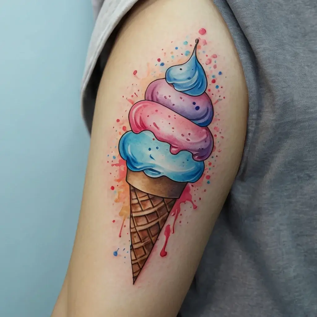 Watercolor tattoo of a vibrant ice cream cone with swirls of blue and pink against a splashy, colorful background.