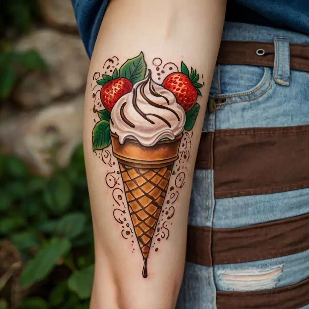 Vibrant tattoo of a waffle cone with swirled ice cream, adorned with strawberries and leaves, bold outlines and dynamic details.